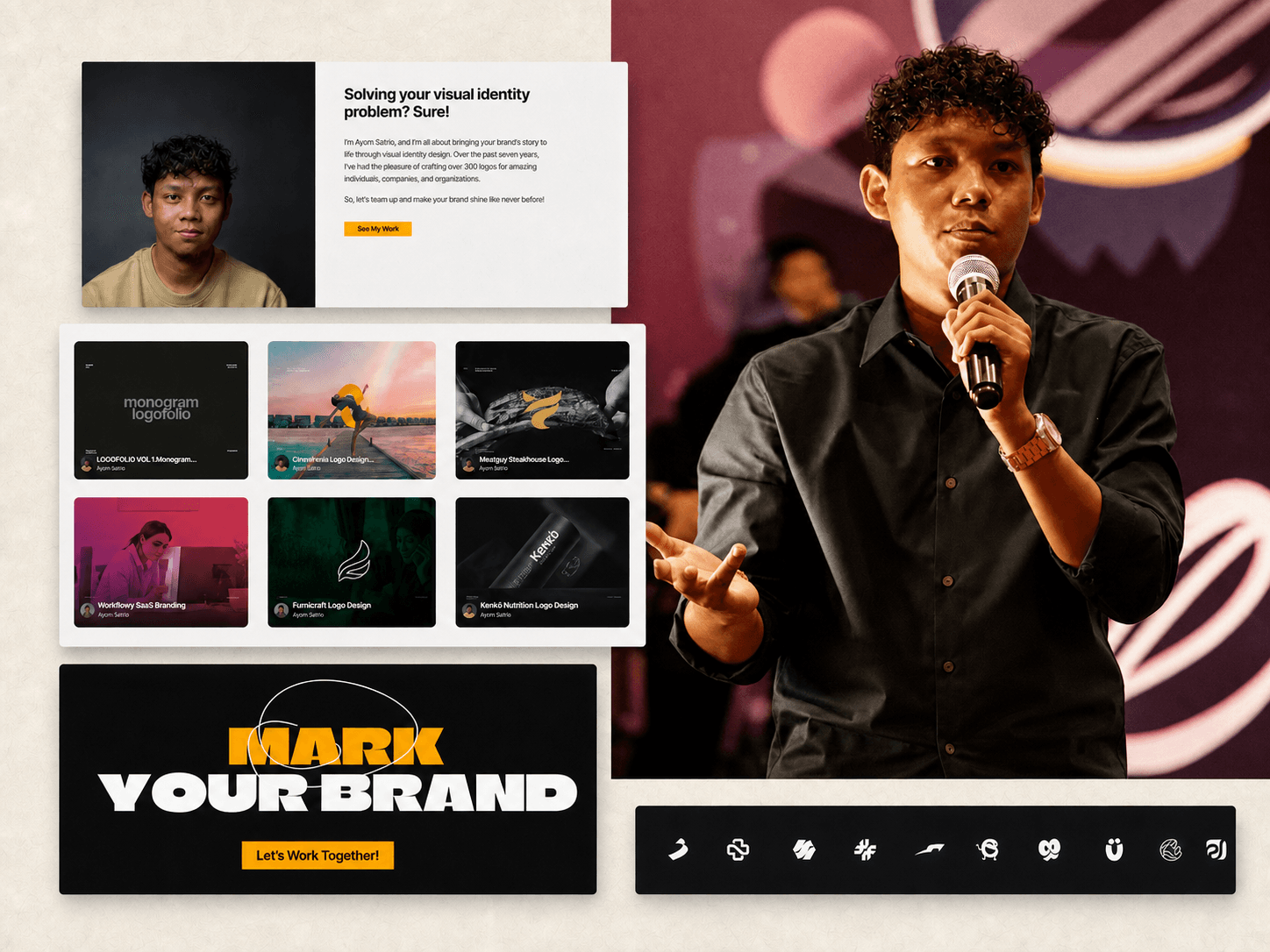 Selected website work for Ayom Satrio, showing his visual identity projects and personal brand.